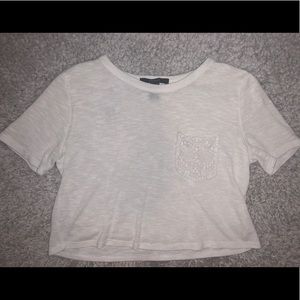 White Heathered Boxy Crop Top w/ Crochet Pocket